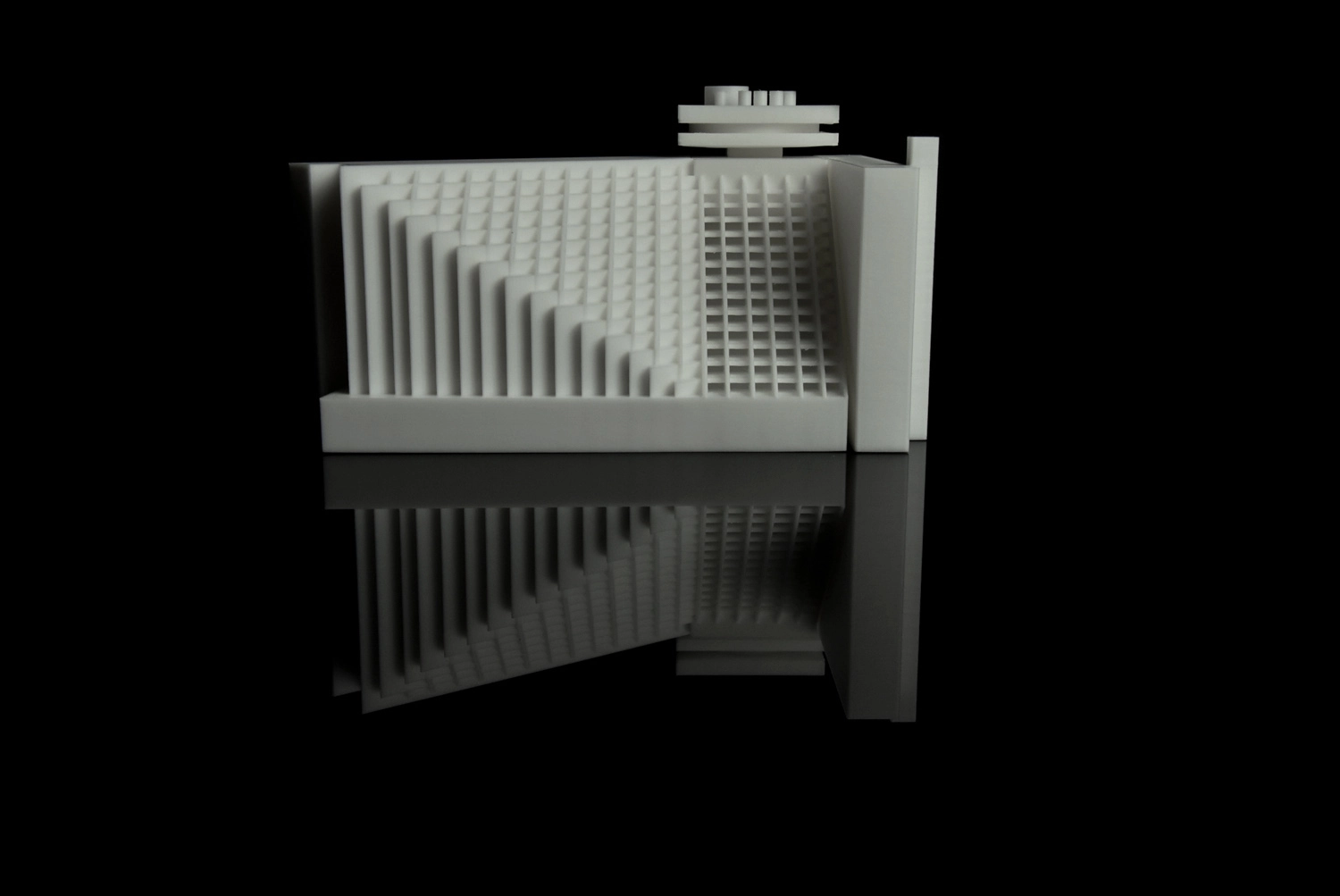 3D-printed, white architectural model of a building on a black background. Click on the image to go to the 'Architecture models' subpage.