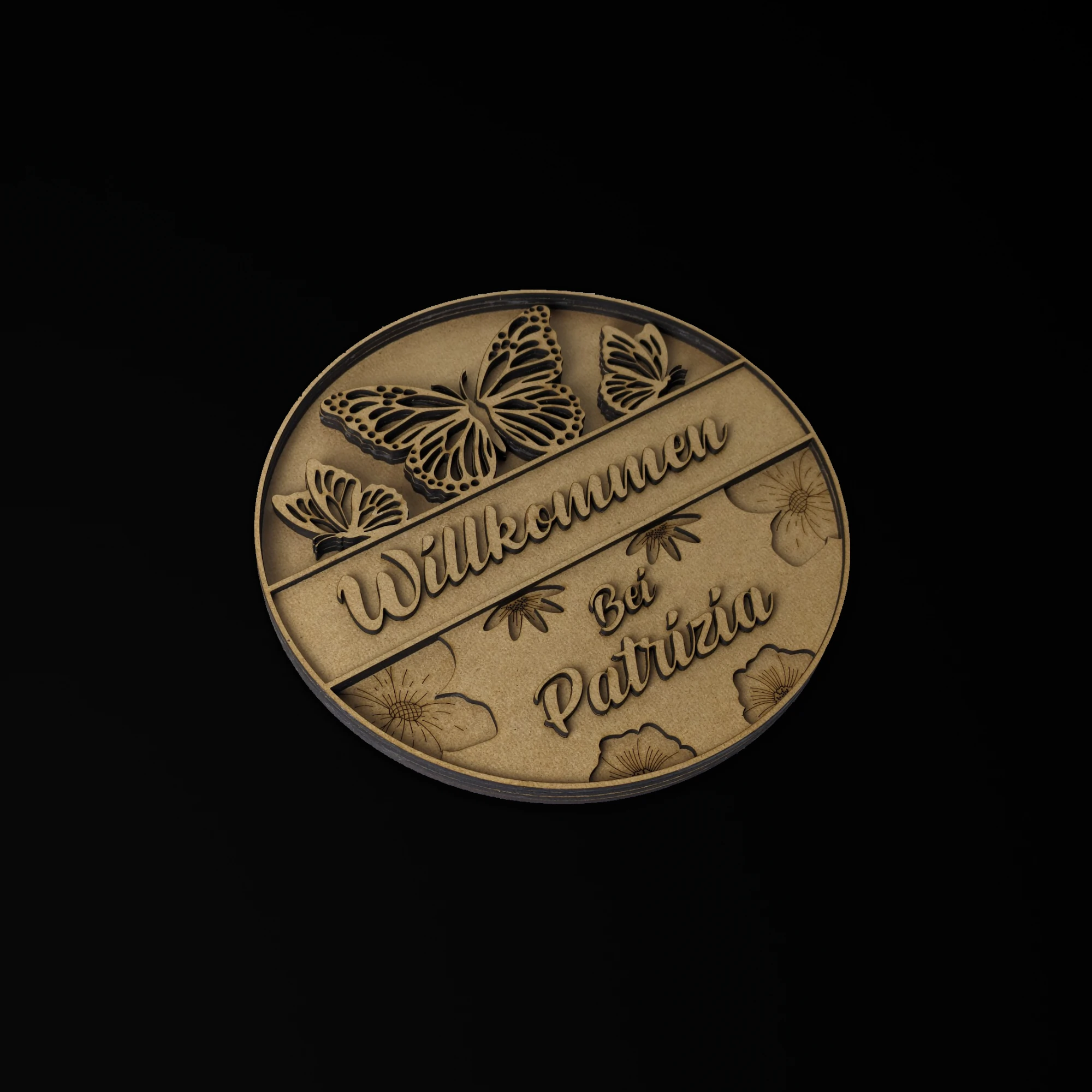 Wooden welcome sign with 3D relief effect on black background. One click leads to the subpage 'Signs'